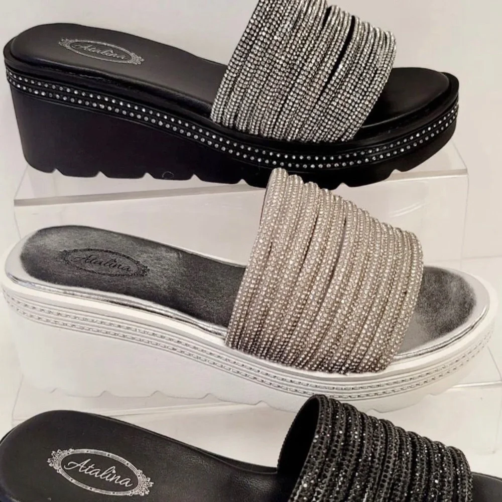 Restock! White Platform Silver Rhinestone Embellished Wedge Slide-In Sandals - Picture 8 of 12